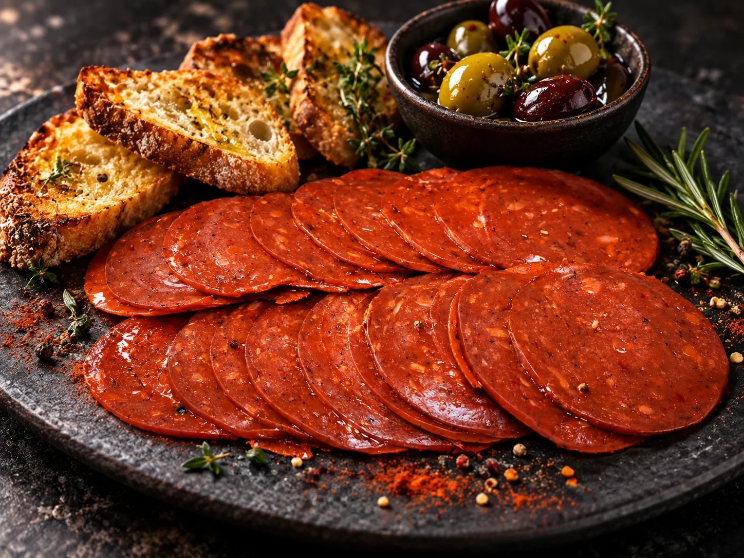 Paprika-red plant-based chorizo slices on a dark serving plate