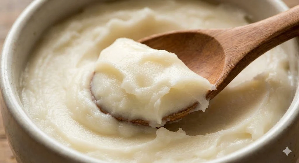 Close-up of Plantagusto’s creamy fat system on a wooden spoon