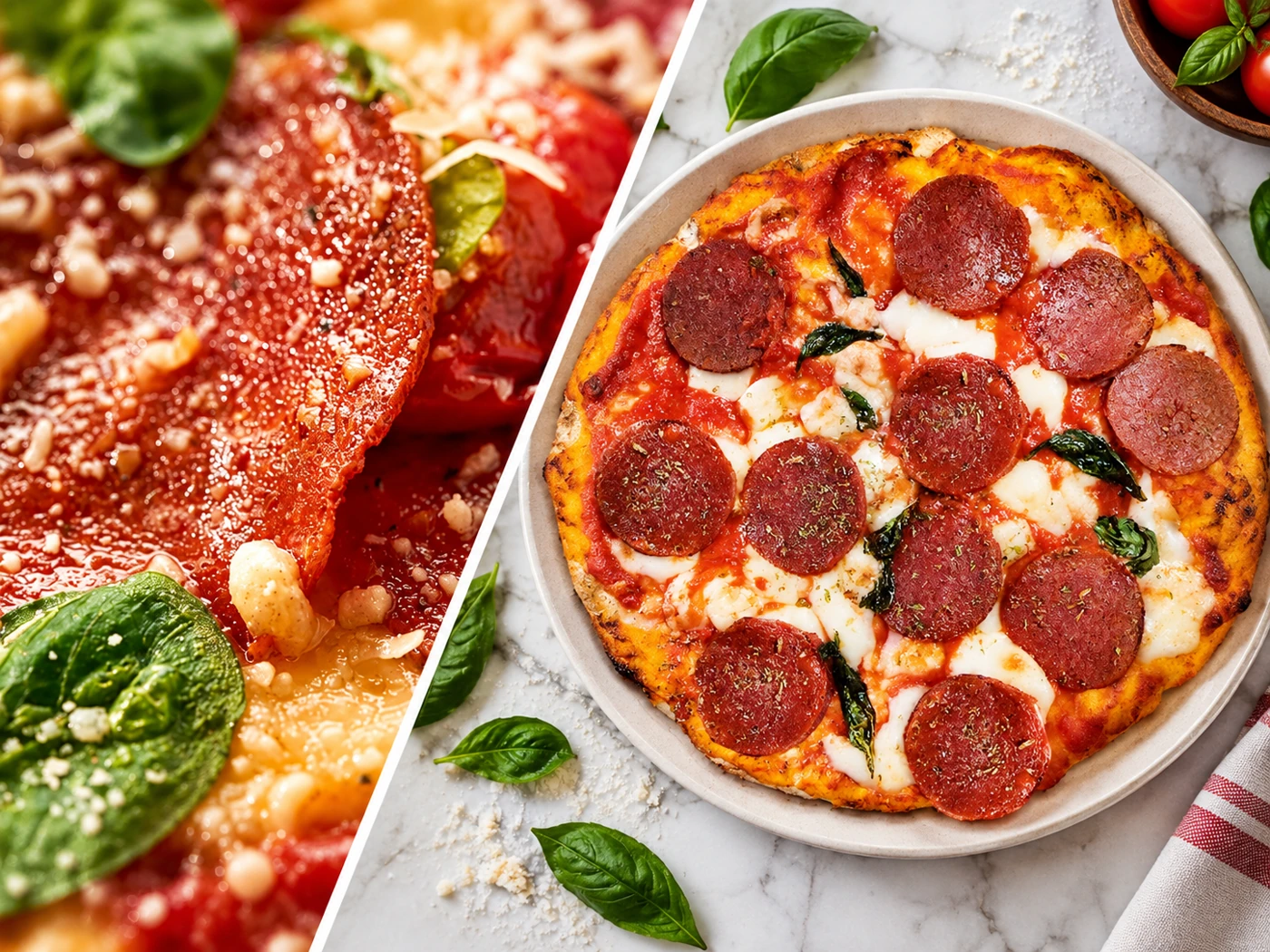 Plant-based Italian pepperoni and spicy salami slices used as pizza toppings