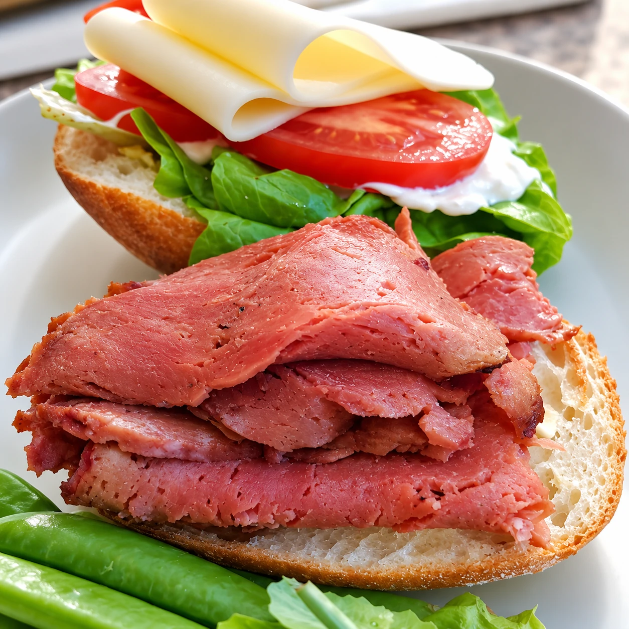Plant-based deli roast beef slices in an open sandwich with lettuce and tomato