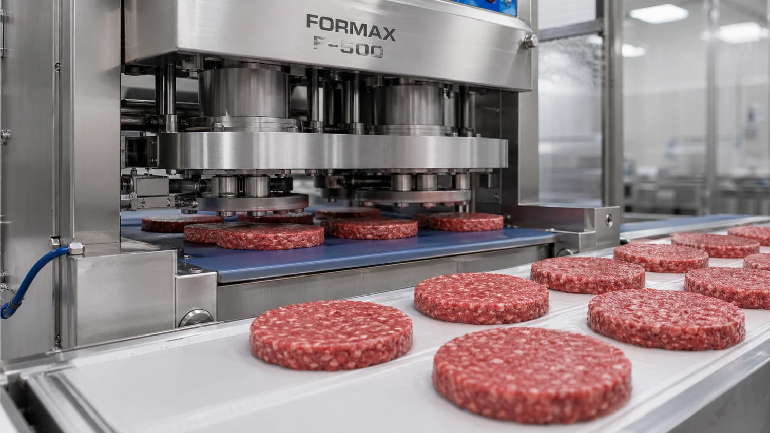 Industrial equipment forming patties on a conveyor