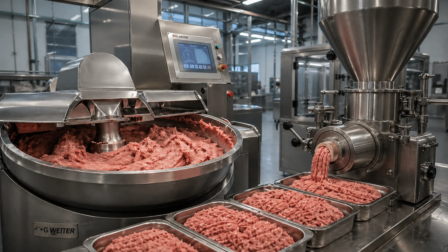 Mixing and ground-meat processing equipment with filled trays