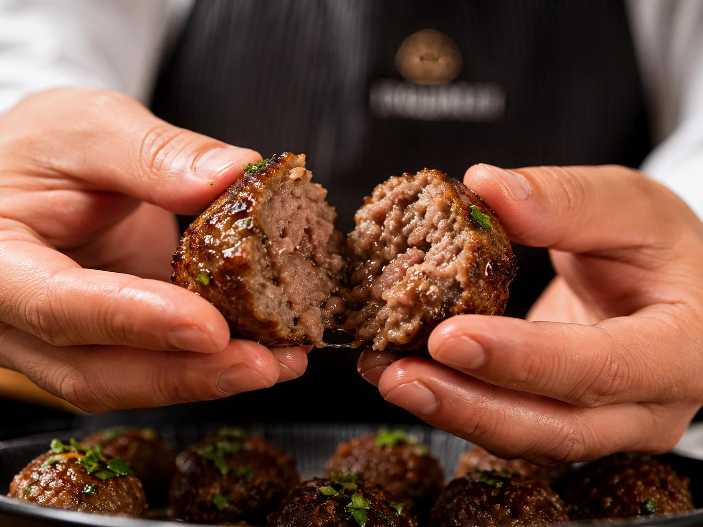 A cooked hybrid meatball opened to show its interior texture