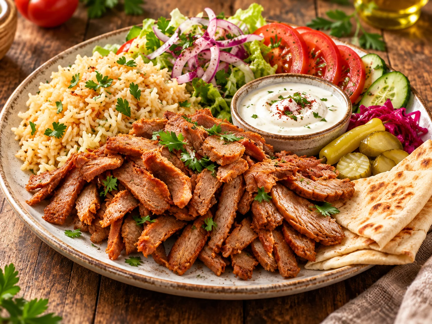 Seasoned plant-based kebab strips served with rice, flatbread and vegetables