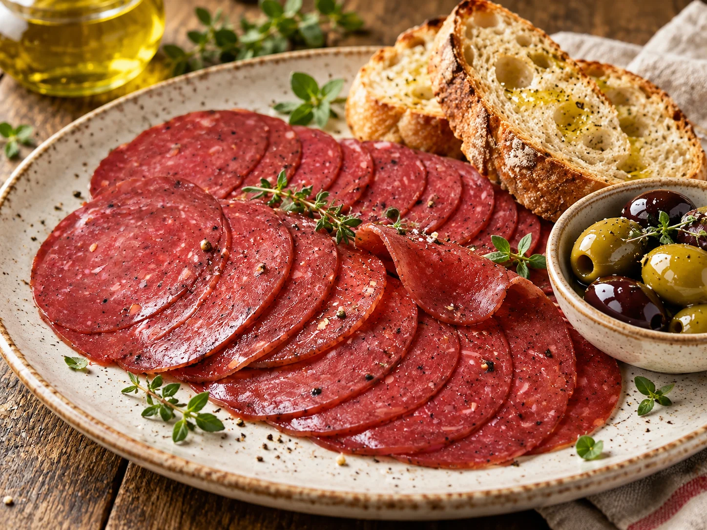 Plant-based salami slices with peppercorns, bread and olives